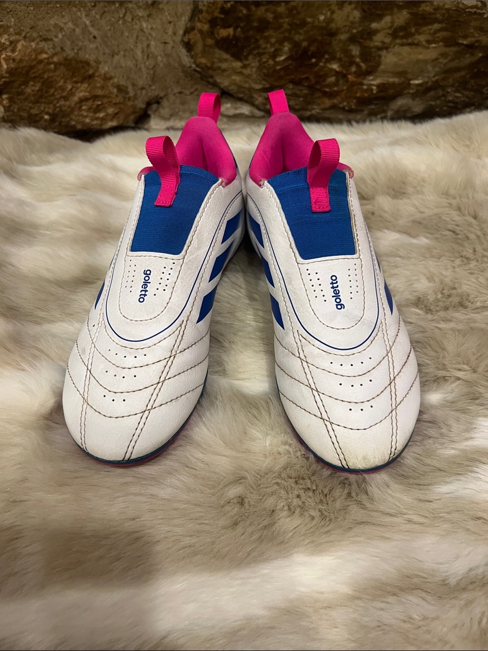 adidas Kids White goletto soccer cleats Blue Panels and Pink Accents